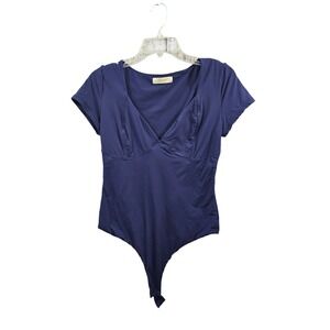 Qinsen Sweetheart Navy Blue V Neck Short Sleeve Bodysuit Top Stretch Size L EUC